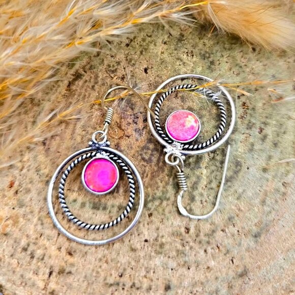 Hot Pink Stone Double Loops 925 Earring - Picture 6 of 10
